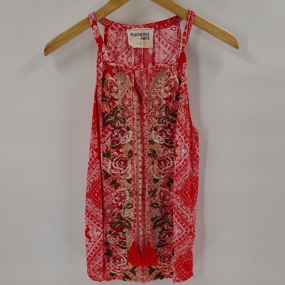Savanna Jane Halter Top Size Large Red Bandana Print w Embroidered Flowers